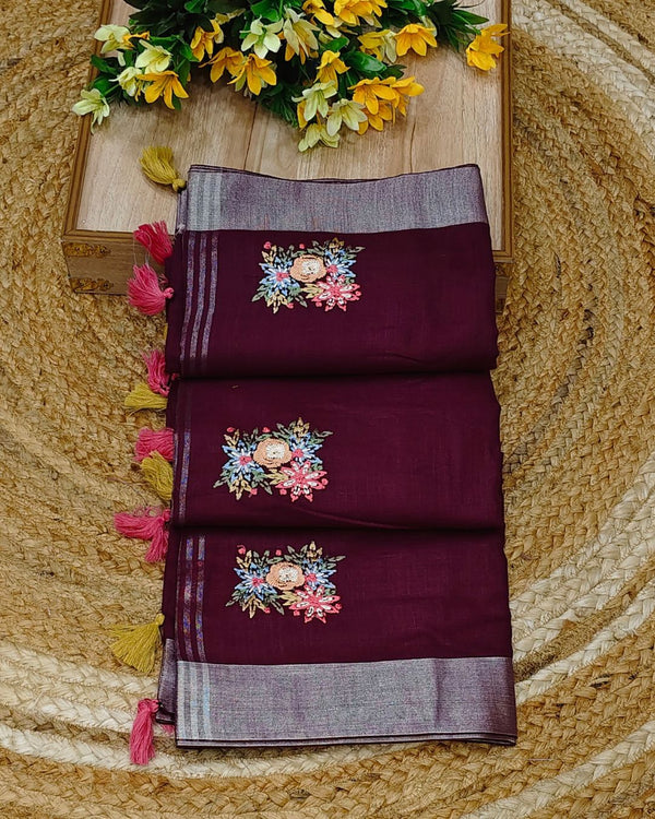 Wine Colour Jute Cotton Saree