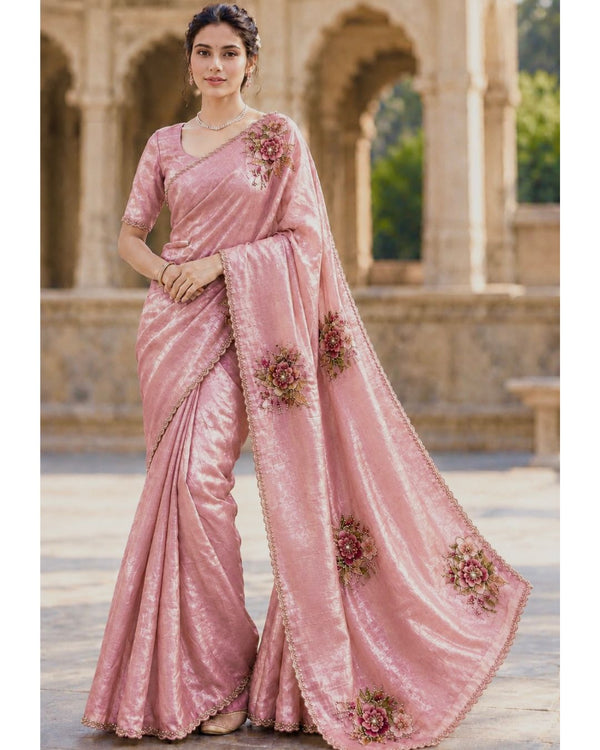 Rose Pink  Colour Organza Saree with Floral Applique work