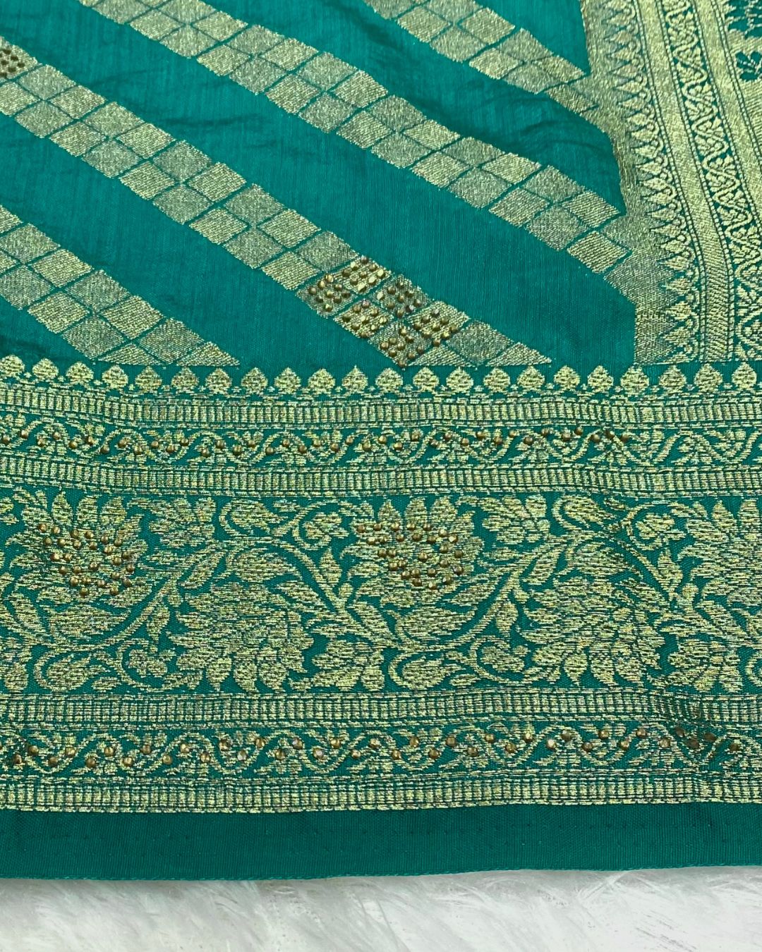 Rama Green Colour Vichitra Silk Swarovski Work Saree