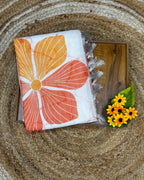 White Colour Linen Cotton Orange Flower Saree