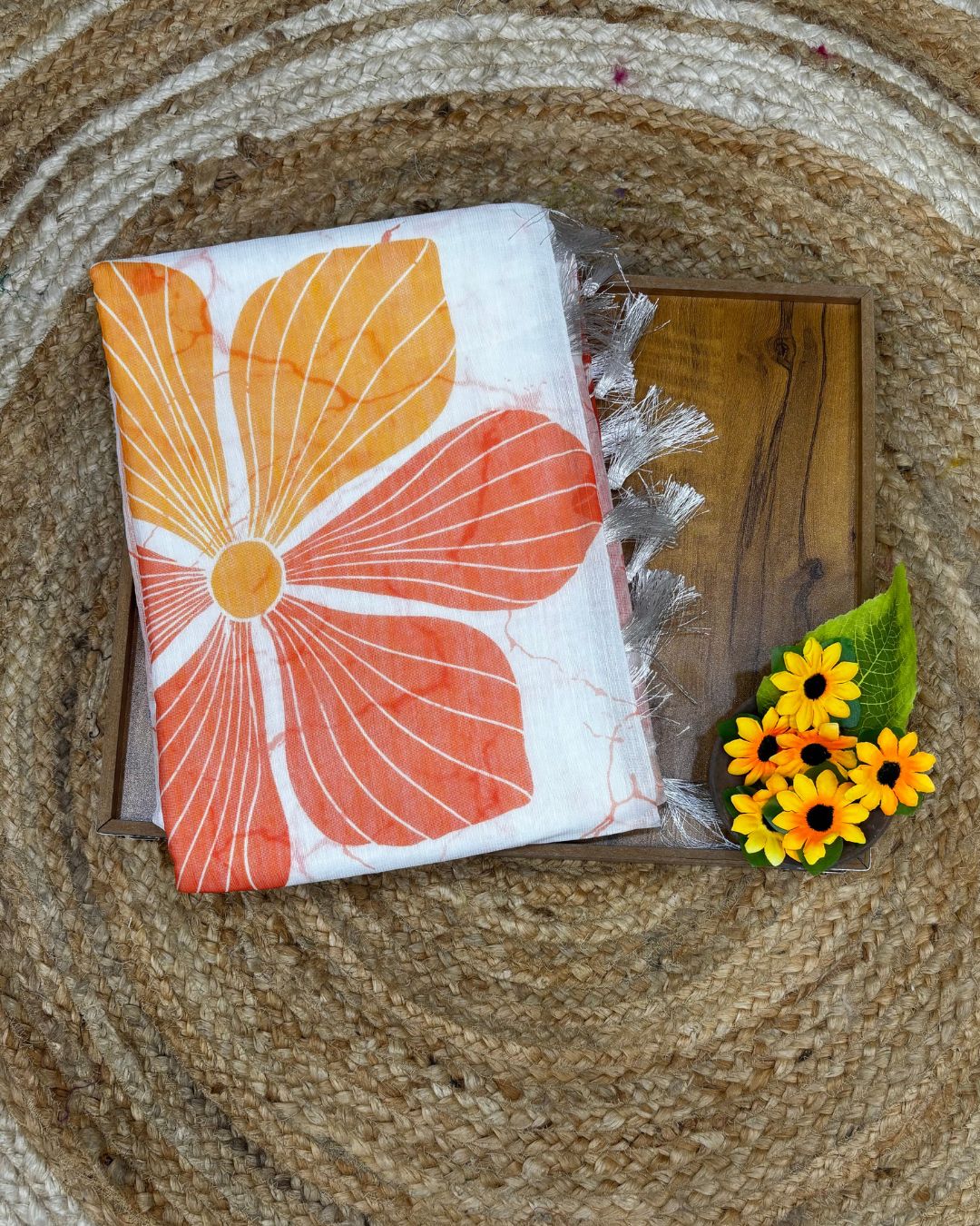 White Colour Linen Cotton Orange Flower Saree