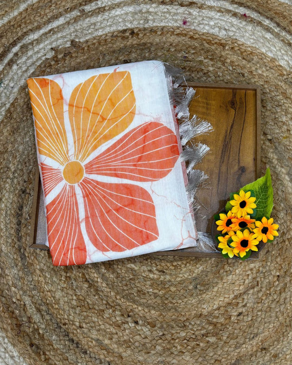 White Colour Linen Cotton Orange Flower Saree