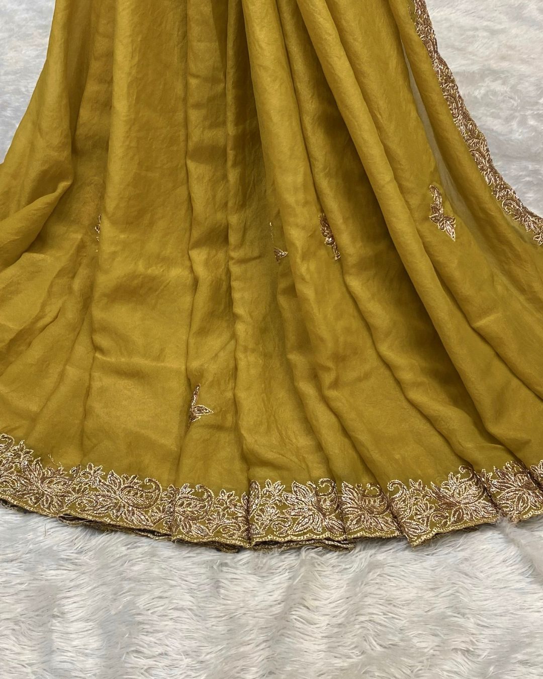 Mustard Yellow Colour Shimmer Silk Saree with Contrast Blouse Piece
