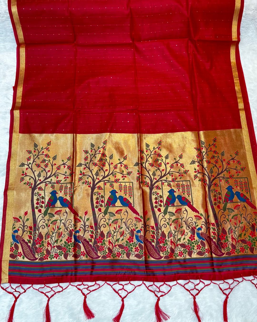 Red Colour Cotton Jamdani Saree with Sequin Work