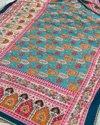Turquoise Blue Colour Digital Patchwork Printed Saree