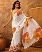 White Colour Linen Cotton Orange Flower Saree