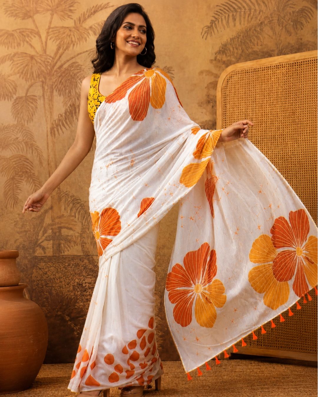 White Colour Linen Cotton Orange Flower Saree