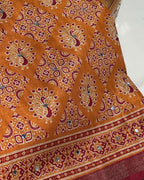 Mustard Yellow  Colour Ajrakh Print Mirror work Saree