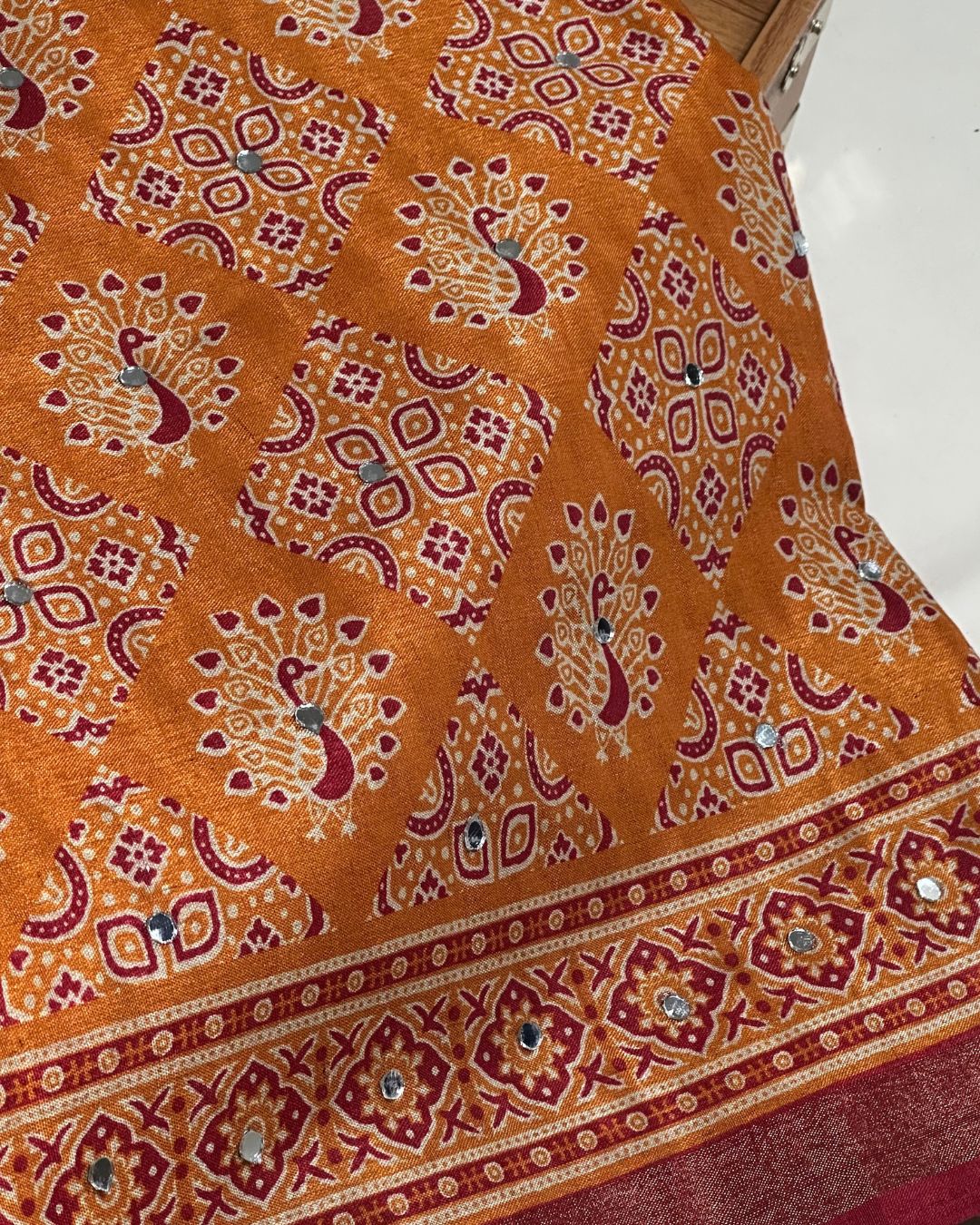 Mustard Yellow  Colour Ajrakh Print Mirror work Saree