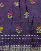 Purple Colour Katha Work Cotton Saree