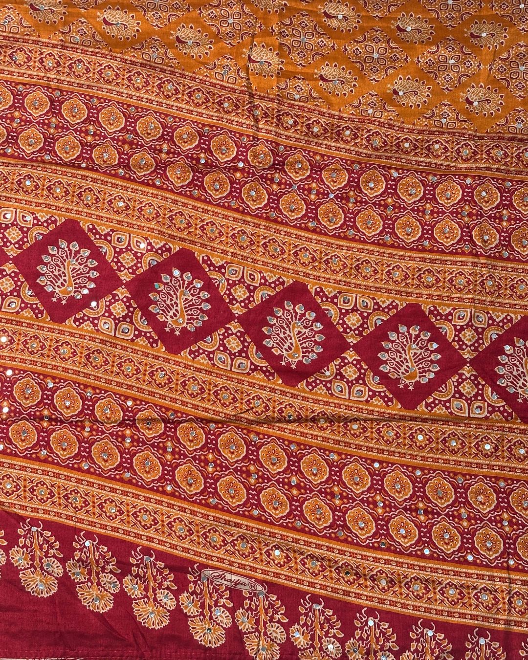 Mustard Yellow  Colour Ajrakh Print Mirror work Saree