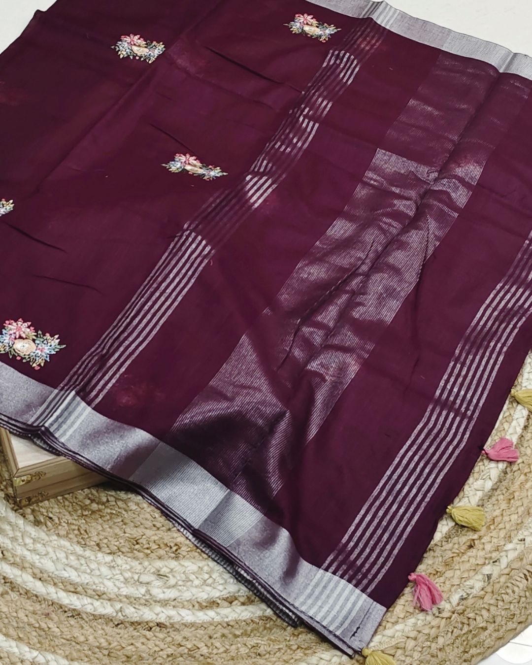 Wine Colour Jute Cotton Saree