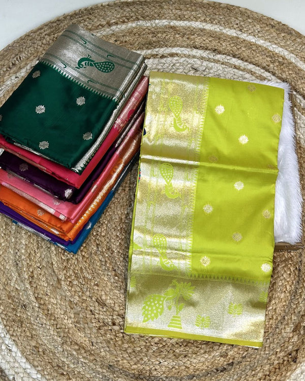 Parrot Green Colour Silk Paithani Saree