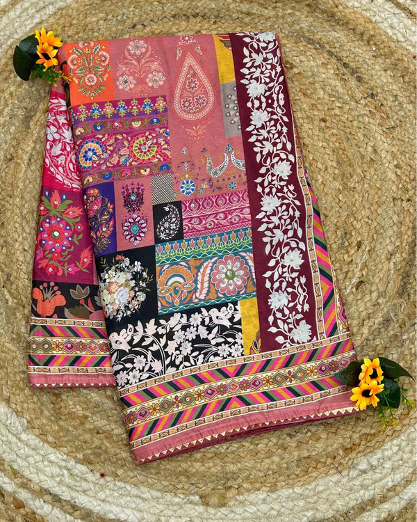 Peach Colour Digital Patchwork Printed Saree