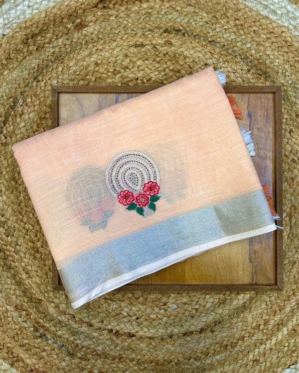 Light Beige Colour Linen Cotton Saree