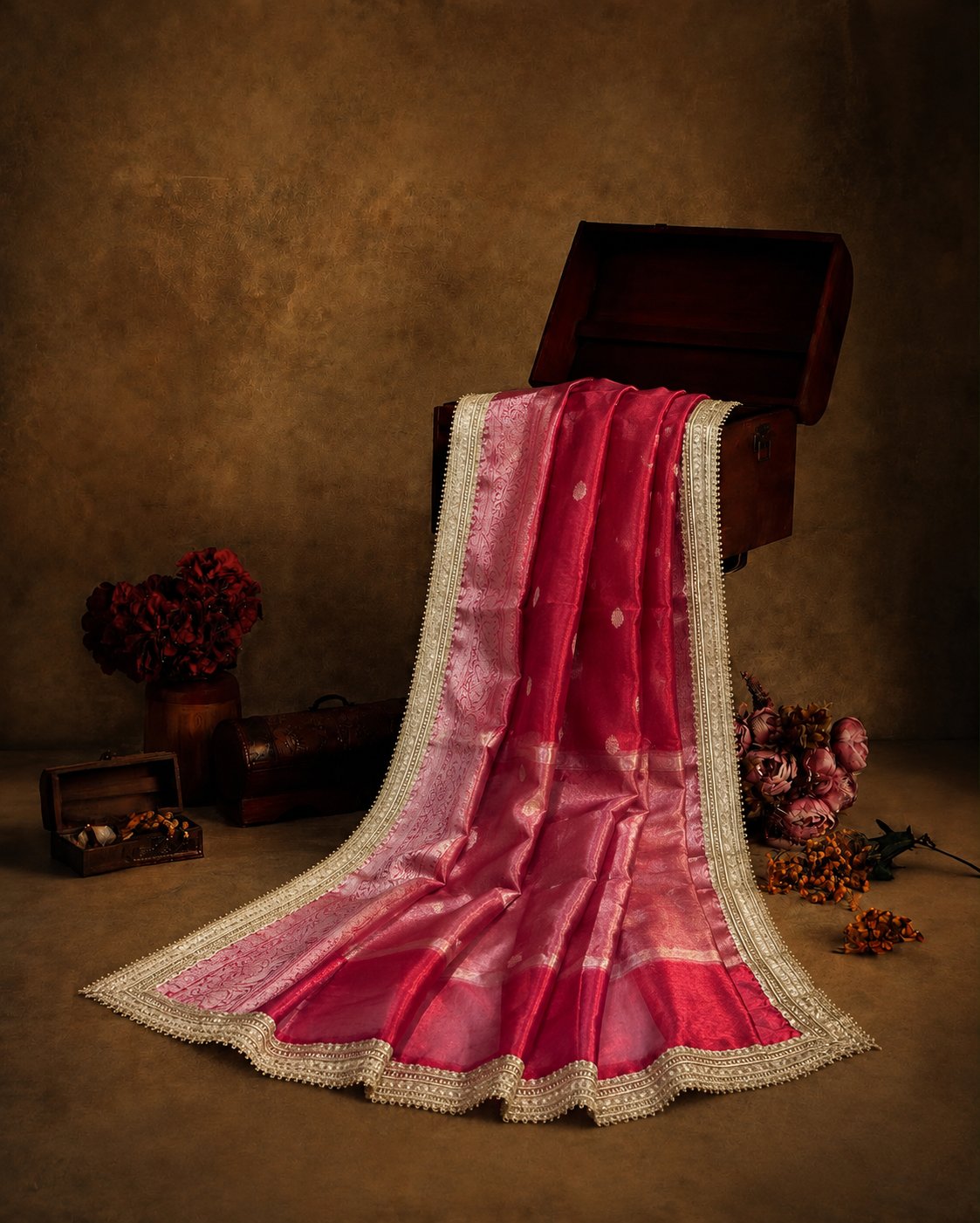 Rusty Orange Colour Tissue Silk Saree