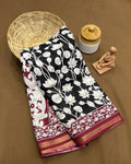 Black Colour Mal Cotton Kalamkari Printed Saree with Contrast Blouse