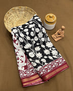 Black Colour Mal Cotton Kalamkari Printed Saree with Contrast Blouse
