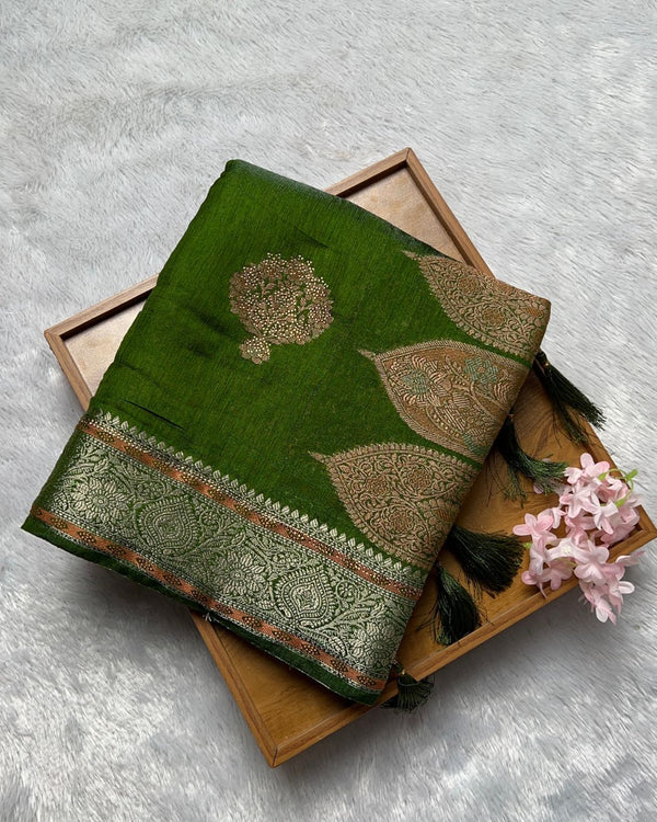 Mehendi Green Colour Shimmer Georgette Saree With Swarovski Work