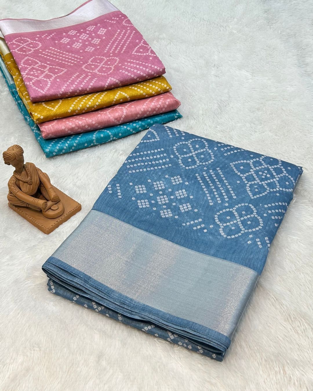 Blue Colour Cotton-Blend Bandhani Printed Saree