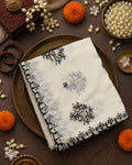 Elehat Off White Saree With Black Floral Embroidery Work Saree