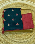Dark Petrol Blue Colour Vichitra Silk Saree with Contrast Blouse Piece