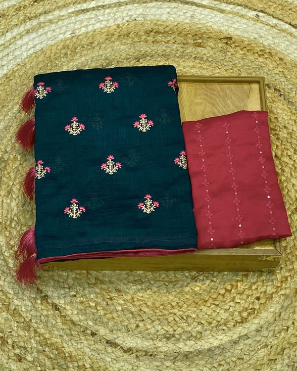 Dark Petrol Blue Colour Vichitra Silk Saree with Contrast Blouse Piece