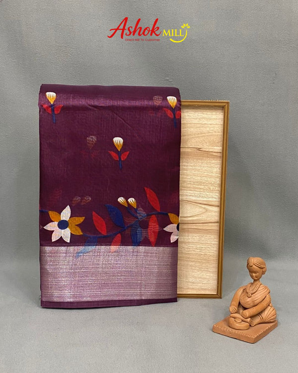 Wine Colour Cotton-Blend Floral Printed Saree
