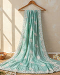 Mint Green Colour Shimmer Saree with Heavy Floral Embroidery Border