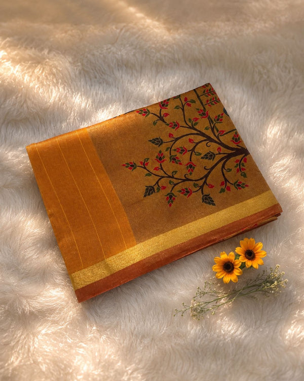 Golden yellow Colour Cotton Jamdani Saree with Sequin Work