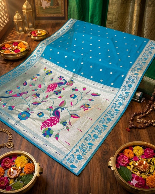 Rama Blue Colour Bamboo Paithani Saree M 15237