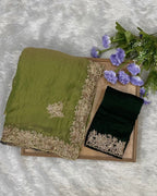 Moss Green Colour Shimmer Silk Saree with Contrast Blouse Piece
