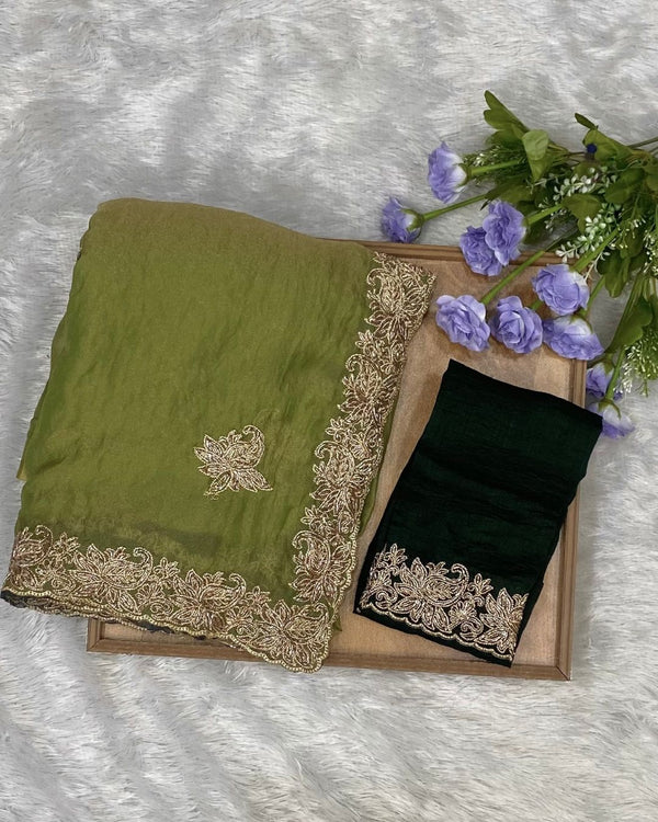 Moss Green Colour Shimmer Silk Saree with Contrast Blouse Piece