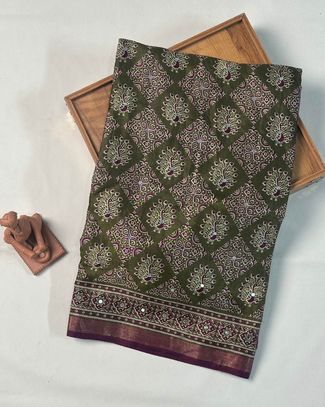 Mehendi Green Colour Ajrakh Print Mirror work Saree