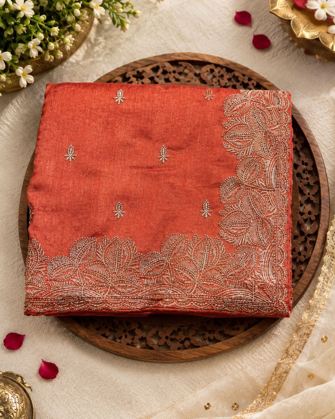 Peach Colour Vichitra Silk Thread Wok Border Design Saree
