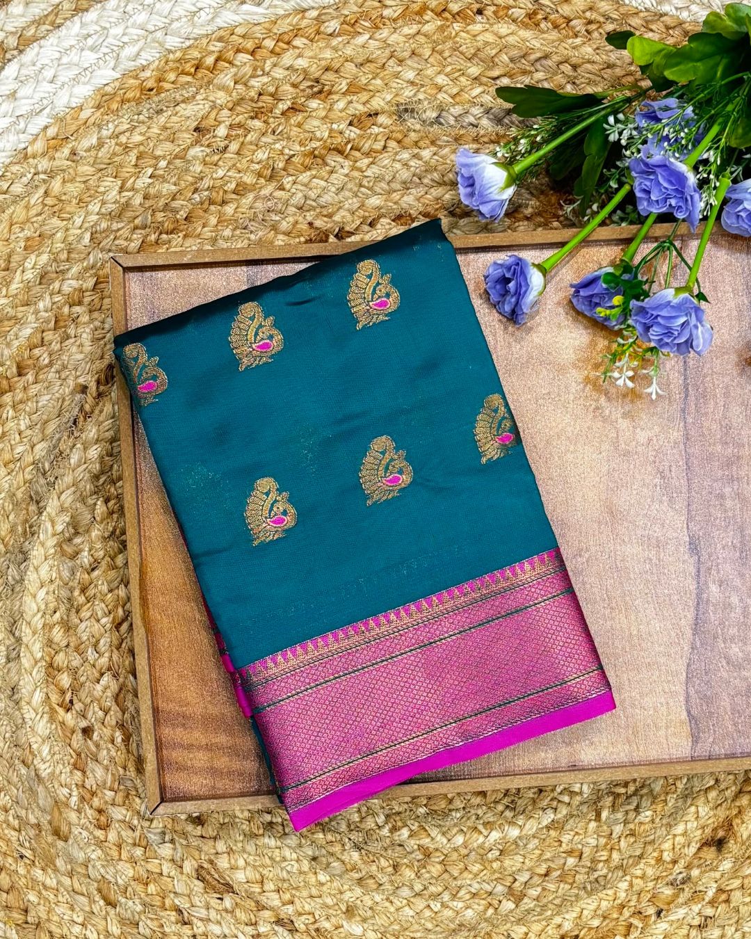 Petrol Blue Colour Semi Silk Temple Border Zari Saree