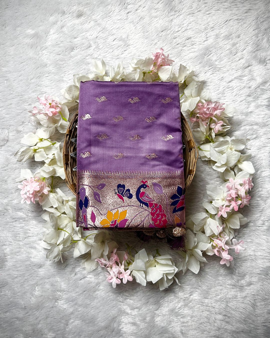 Lavender Colour Soft Satin Silk Peacock Butti Saree