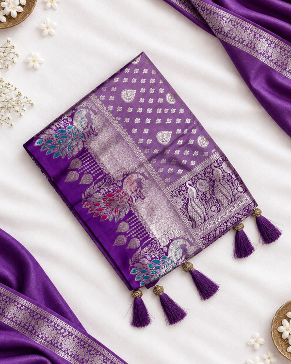 Lavender Colour Paithani Silk Saree with Multicolour Peacock Design & Rich Zari Border