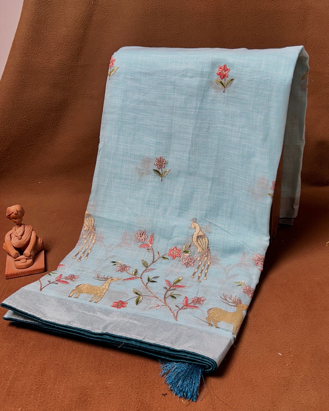 Pastel Sky Blue Colour Linen Cotton Thread work Saree