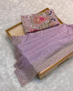Lilac Colour Chinnon Silk Saree With Heavy work Blouse Piece
