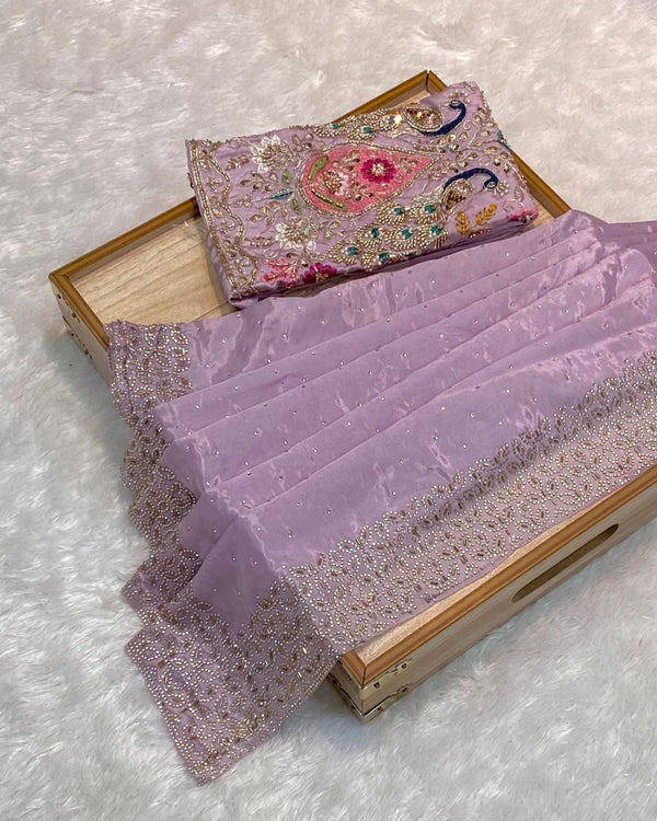 Lilac Colour Chinnon Silk Saree With Heavy work Blouse Piece