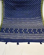 Blue Colour Mal Cotton Indigo Printed Saree with Contrast Border