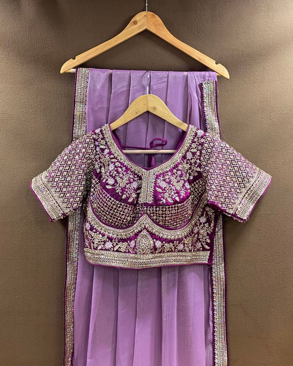 Lavender Colour Shimmer Georgette Saree with Readymade Blouse