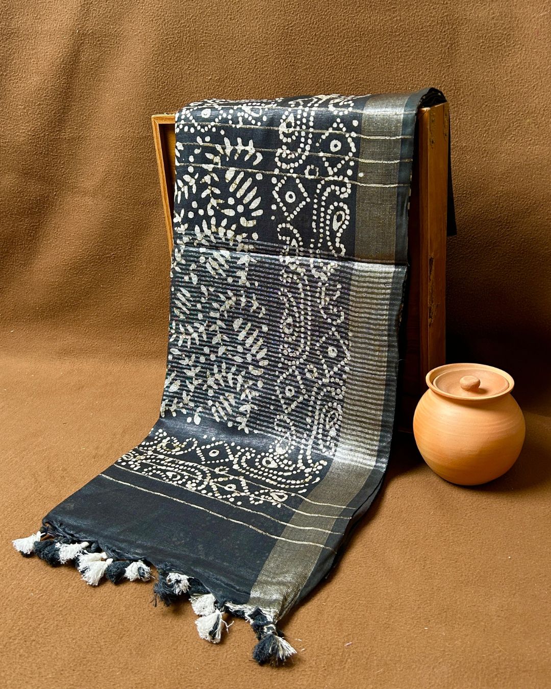 Black Colour Cotton Batik Printed Saree
