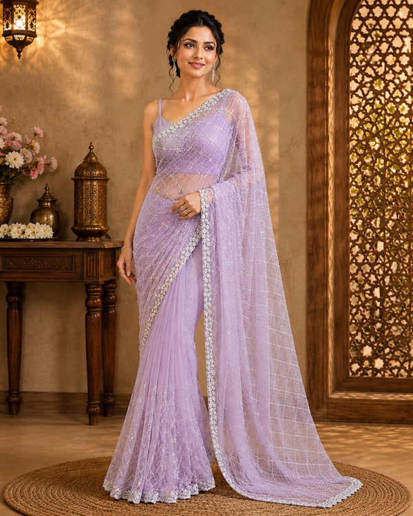 Lavender Colour Soft Net Heavy Work Saree