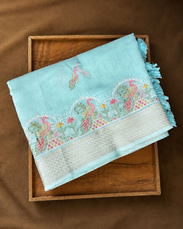 Mint Blue Colour  Peacock Embroidery Cotton Saree