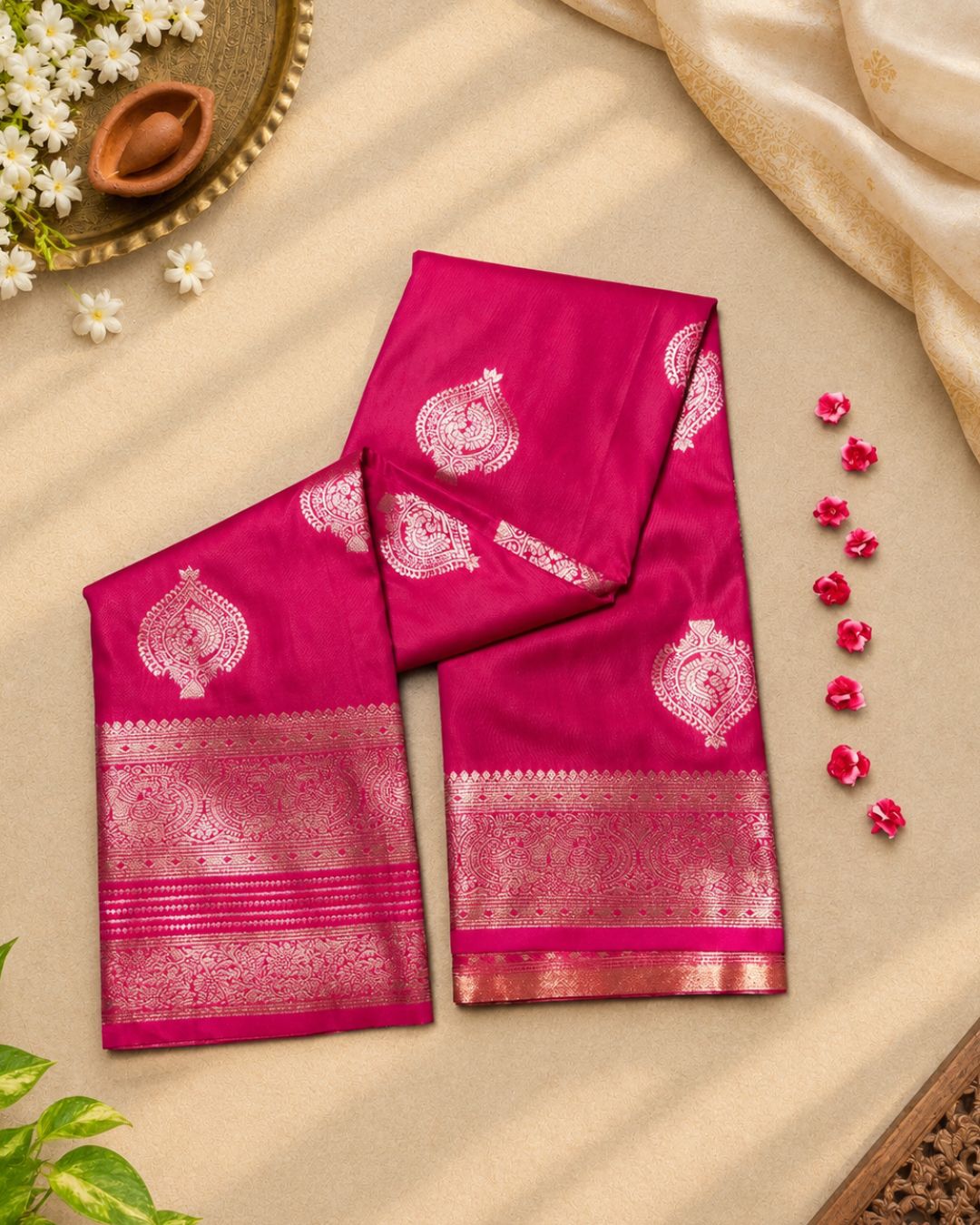 Rani Pink Colour Semi-Silk Saree with Rich Zari Pallu