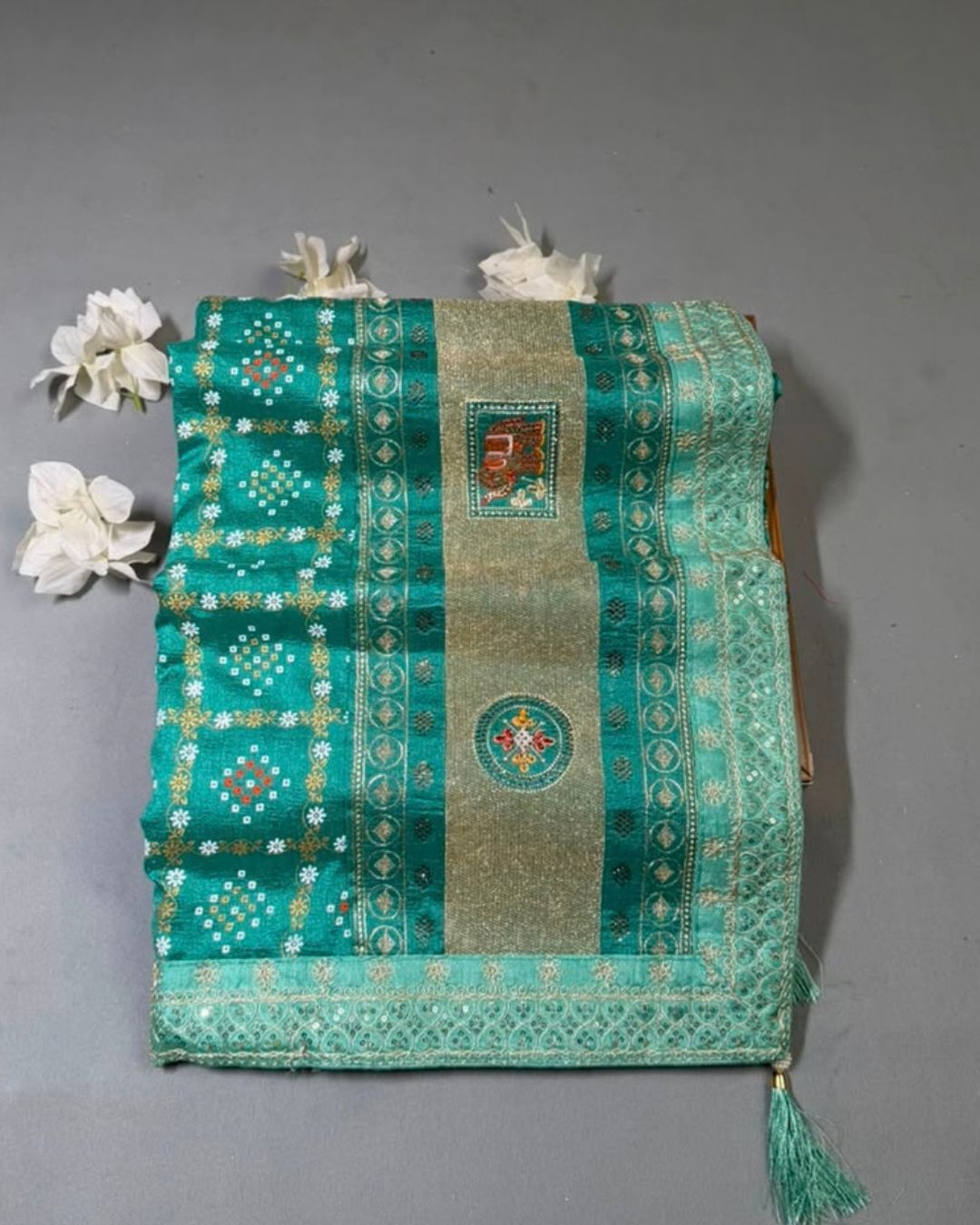 Teal Green Colour Crunchy Silk Work Saree