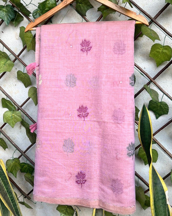 Dusty Pink Colour Muga Cotton Saree with Contrast Blouse