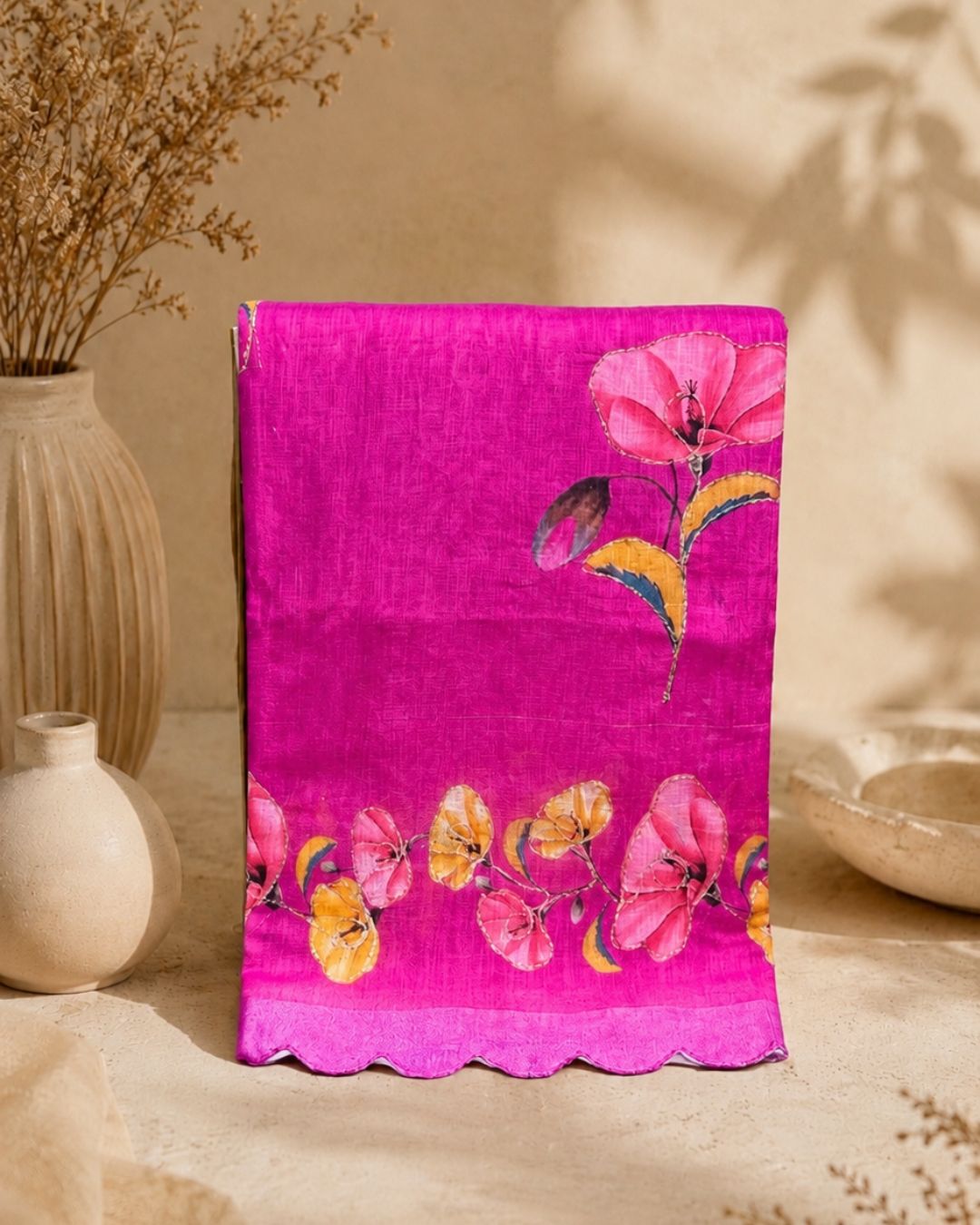 Pink Colour Linen Cotton Digital Printed Saree